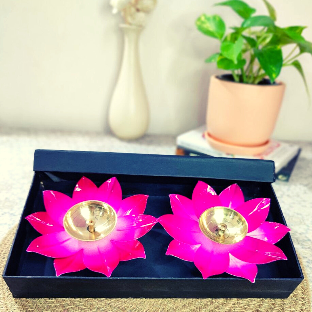 Homefrills Handicraft Brass Pink Colour Kamal Flower Pure Brass Stand Diya Combo for Puja Decoration Aarti Diwali and Festivals Diya(Set of 2)Size-5 Inch